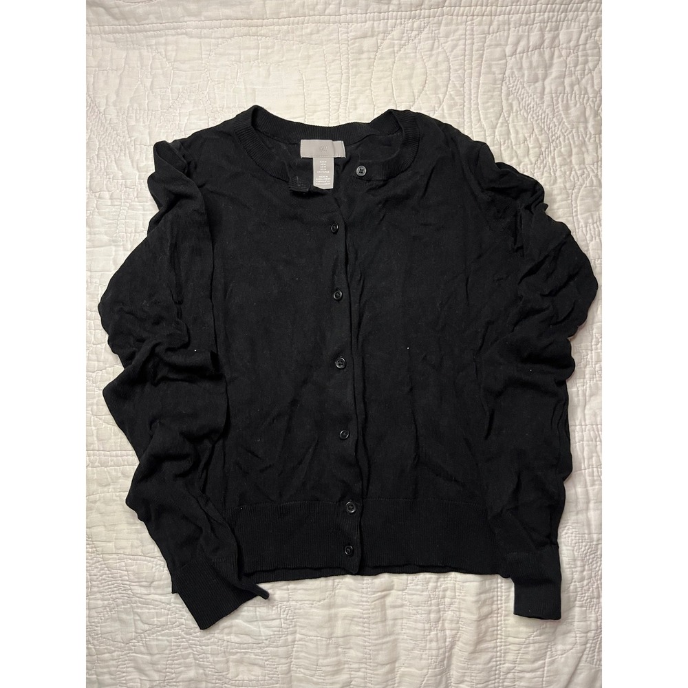HM Womens Black Puff Shoulder Button Front Crew Neck Cardigan Sweater Size M